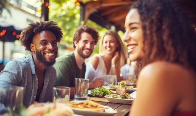 a group of people sitting at a table with food